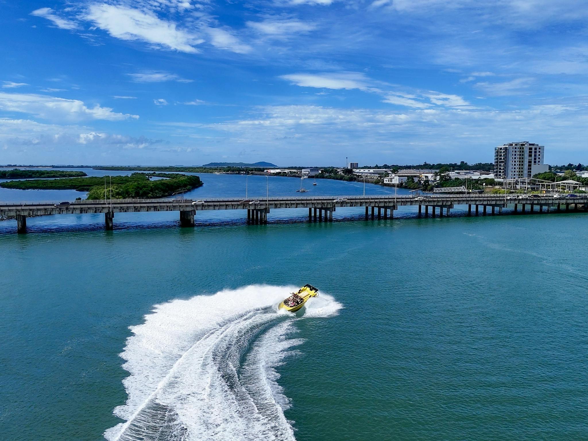 aerial image of jet boat moving at speed