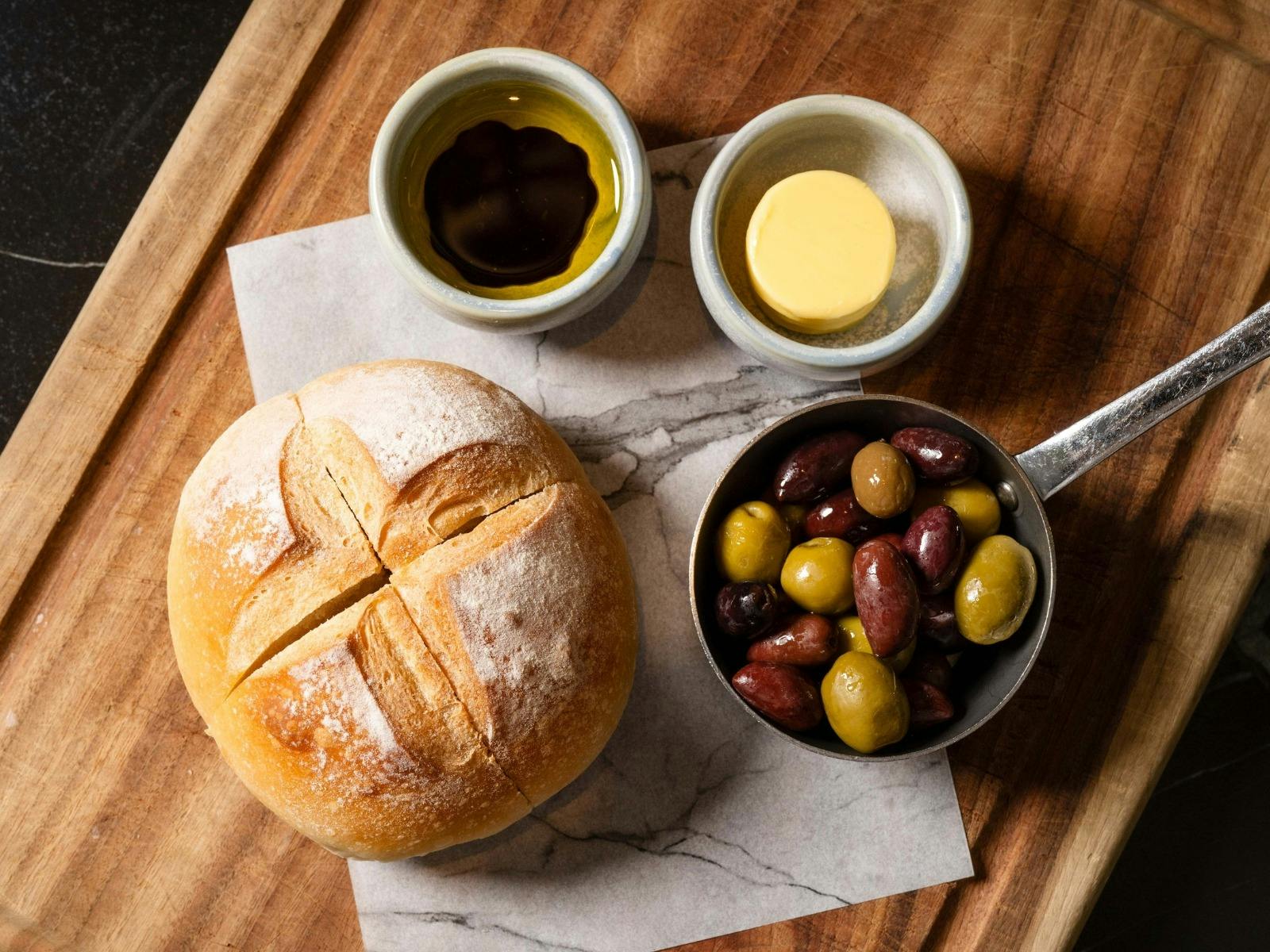 Bread, Butter, Balsamic and Olives