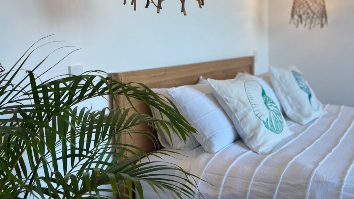 King Size bed with numerous cushions, hanging pendant lamps and palm fronds in foreground