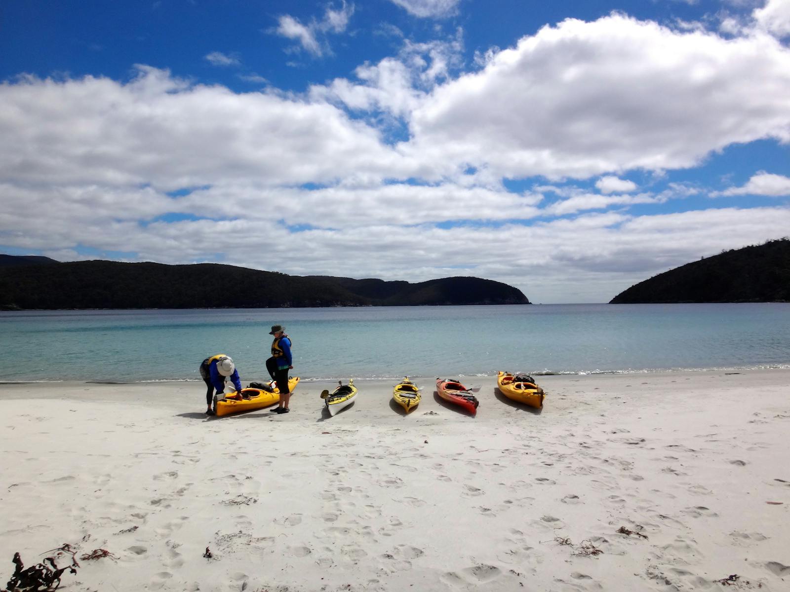 Ready to launch kayaks from Fortescue Bay beach on the Tasman Peninsula