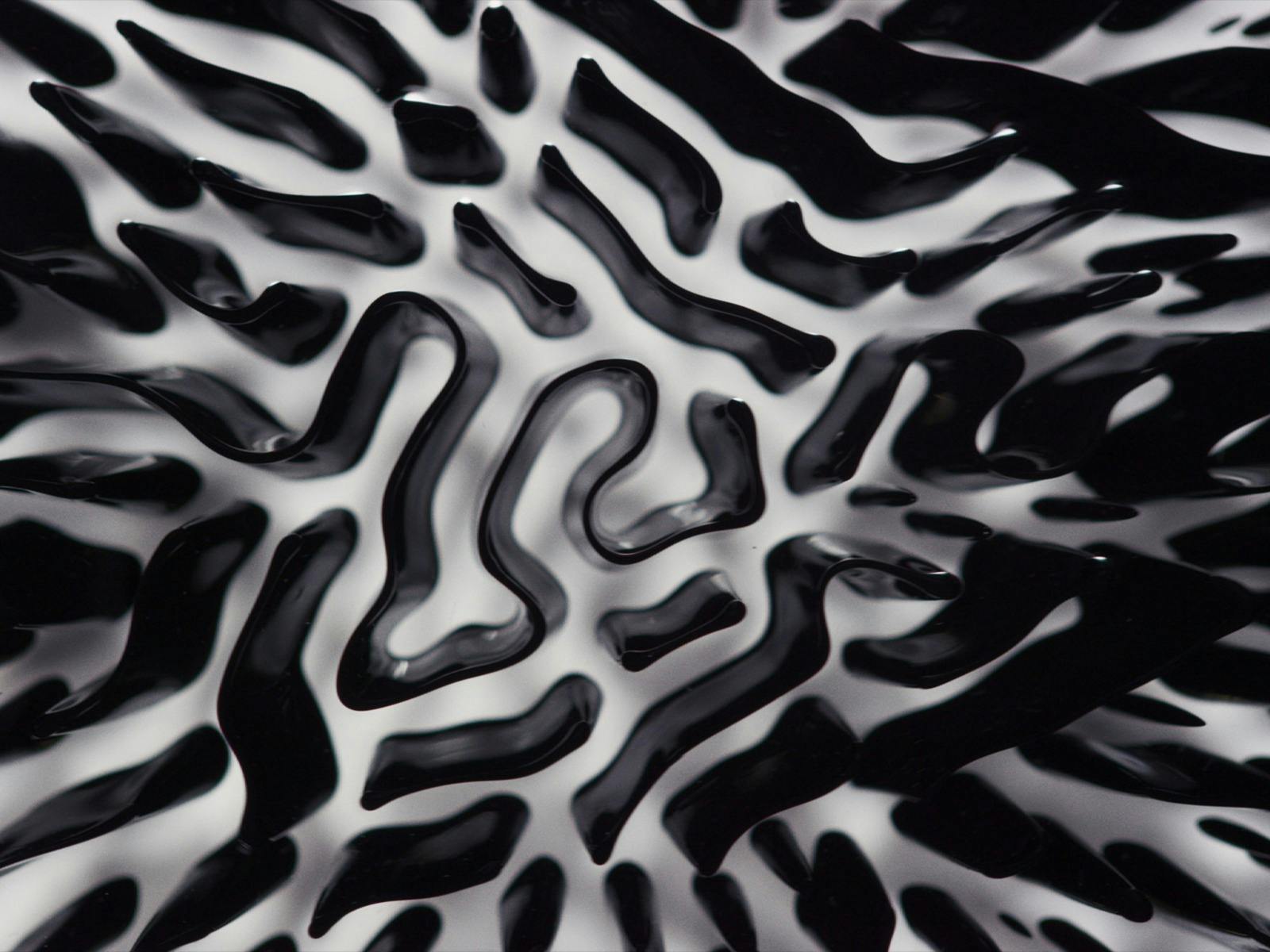 Flowing black liquid shapes arranged across a white background.