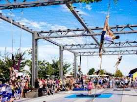 Students perform aerial act at Junction Place, Wodonga for Queens Baton Relay, 2017.