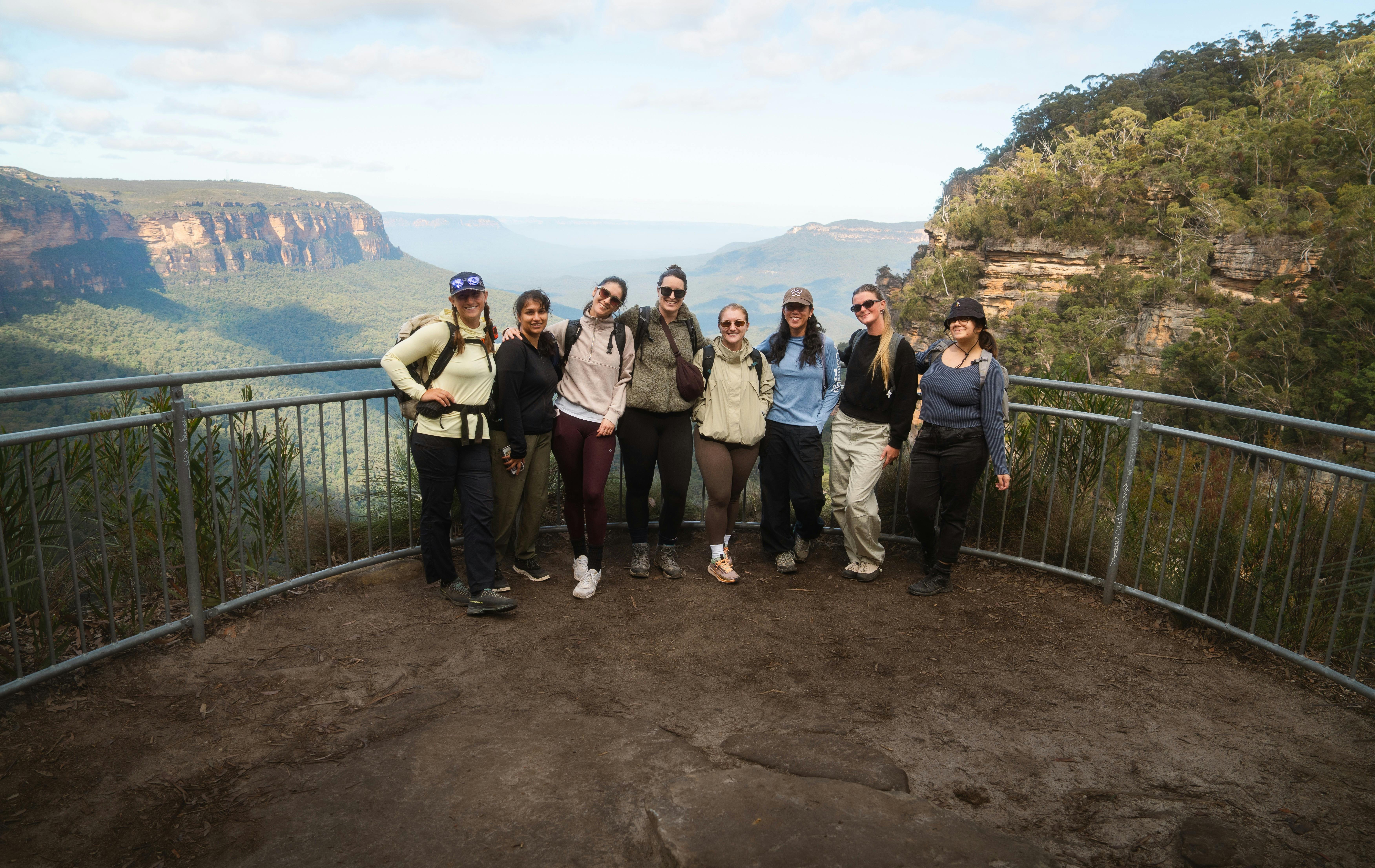 Womens Hiking Group Photo at Echo Point Lookout in the Blue Mountains