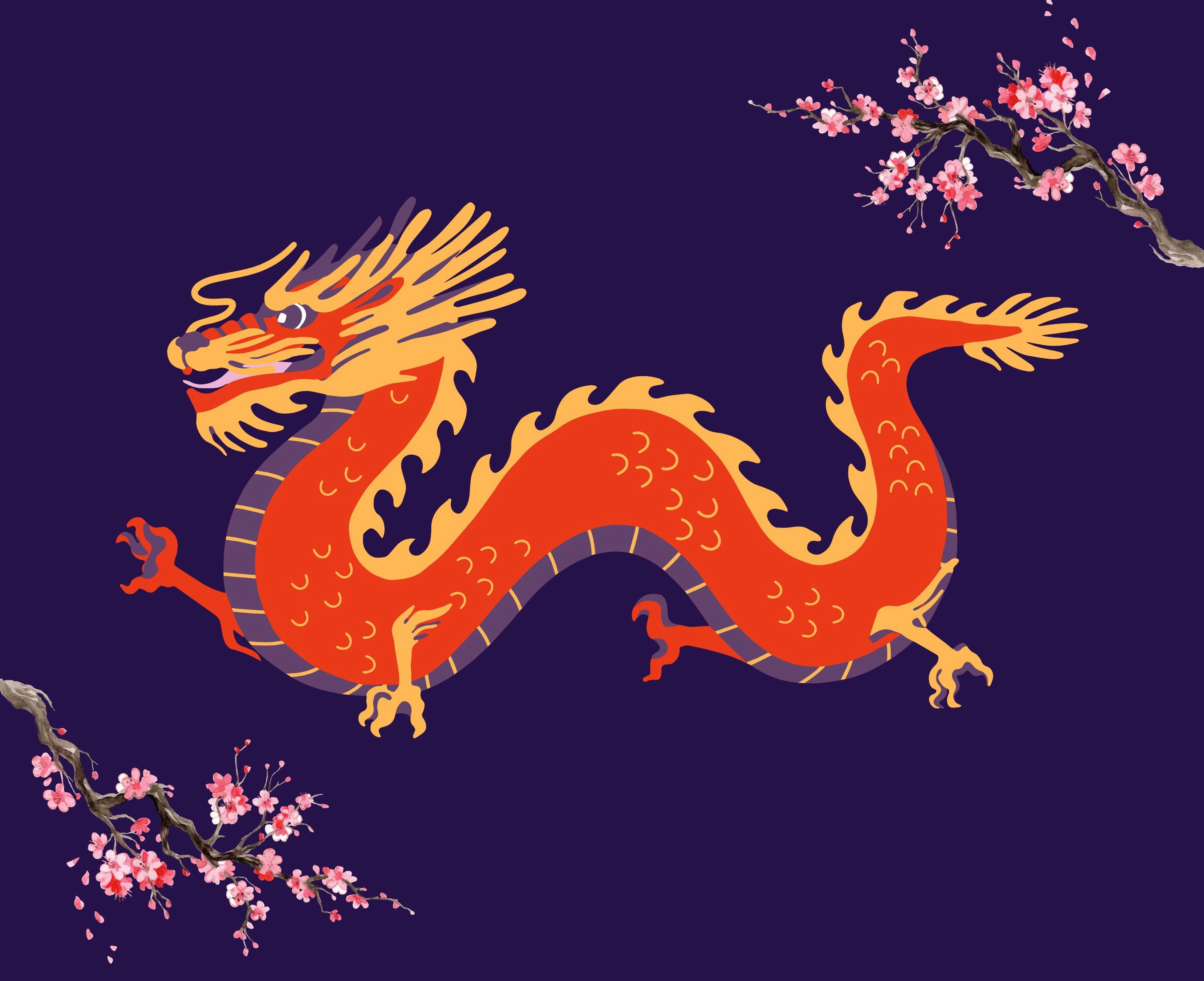 A red dragon on a purple background