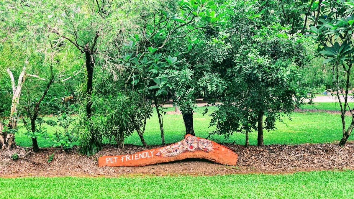 Image of a tree painted with animals and the words 'Pet Friendly'