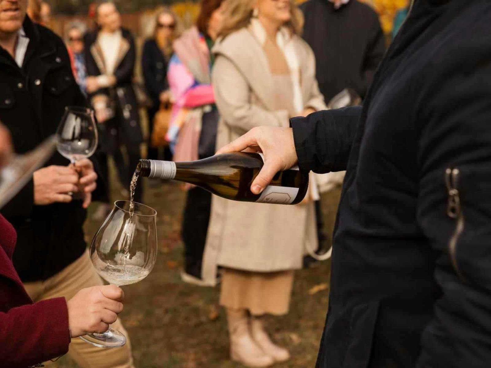 winemaker holding glass for a guest pouring wine