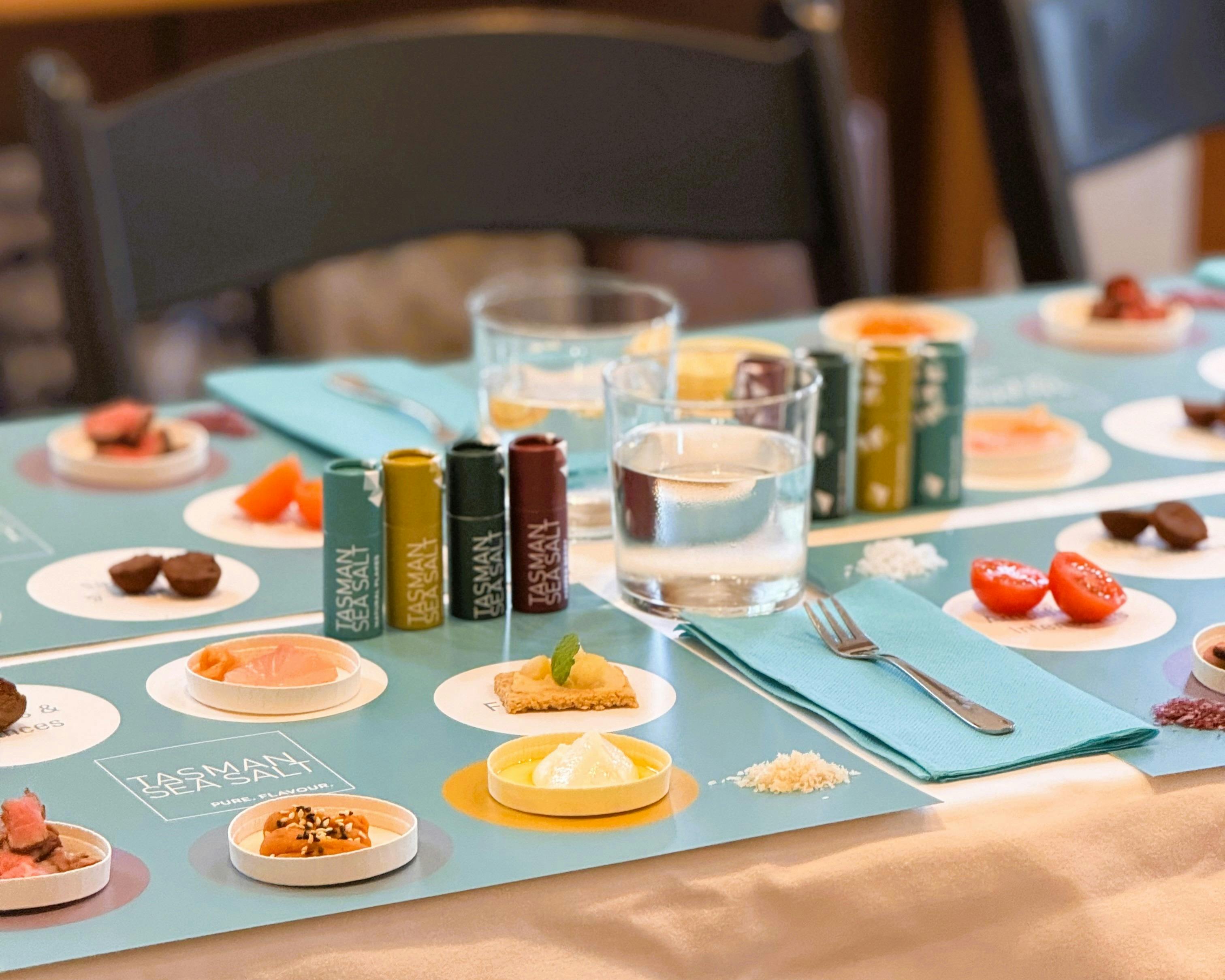Tasting mat with salts and produce