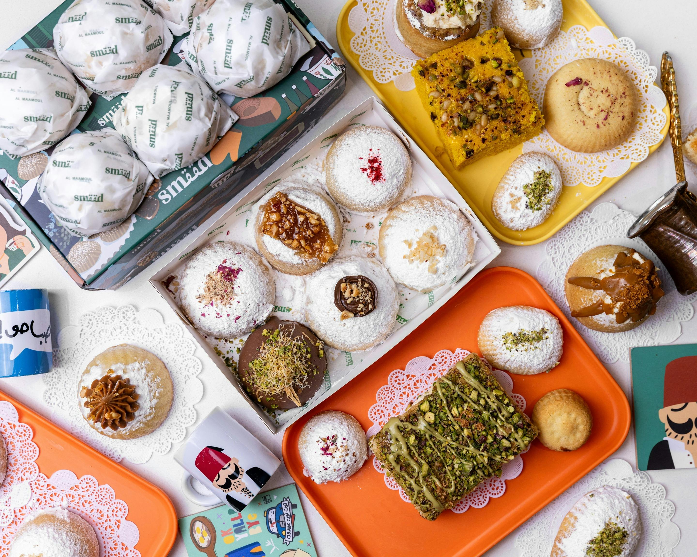 Aerial view of smeed cakes on trays and boxes