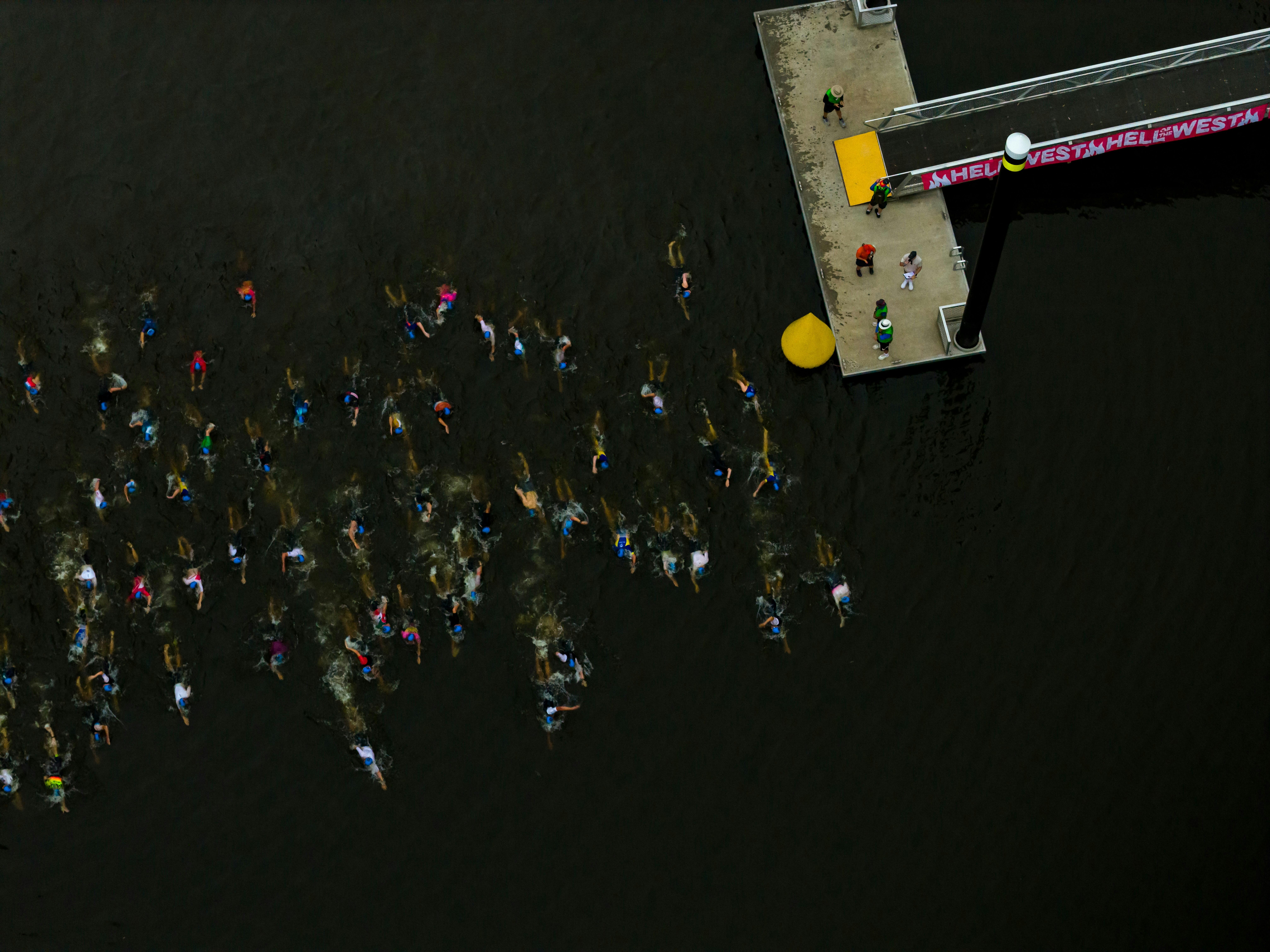 Drone shot overhead of swim start