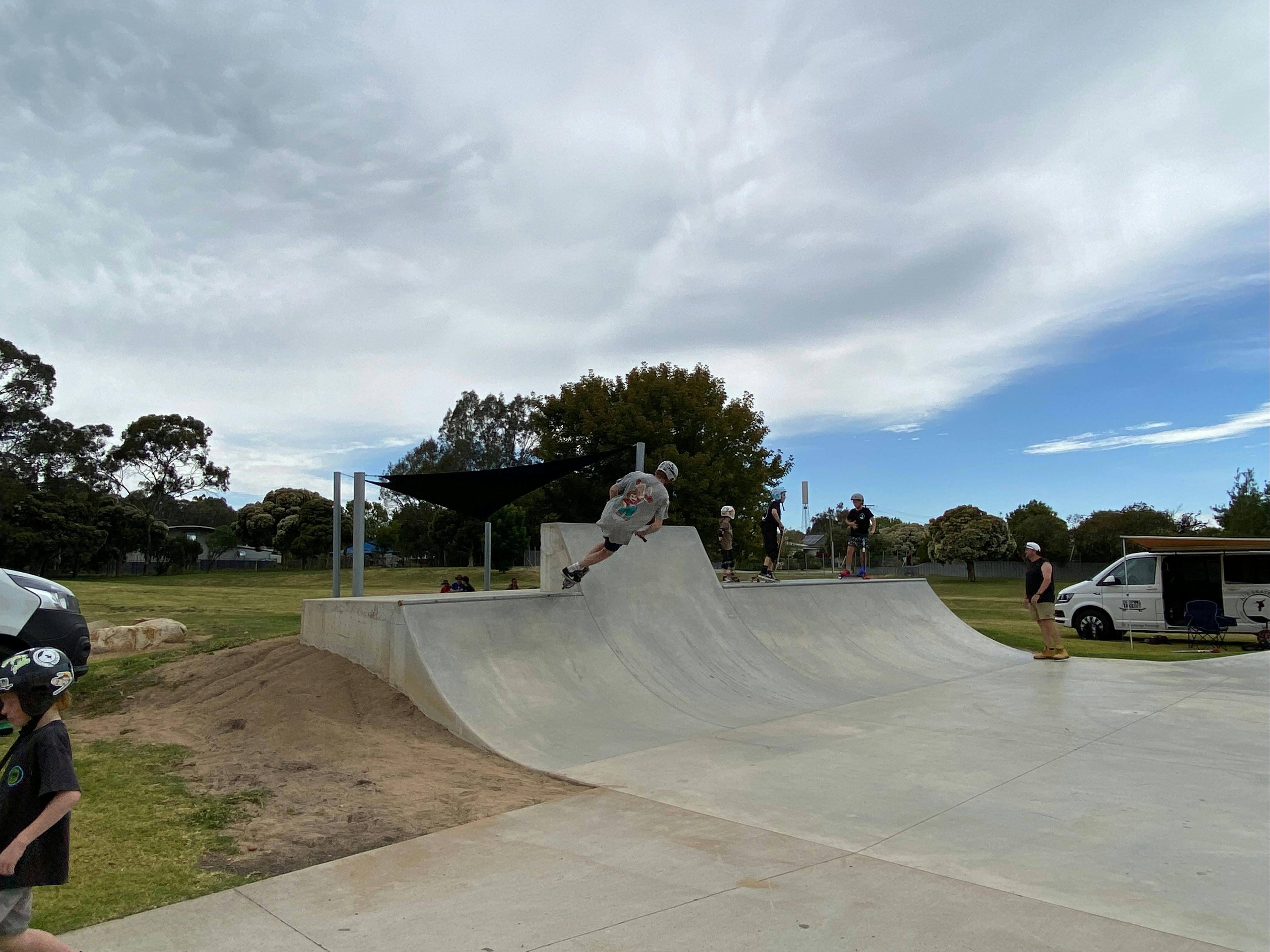Youth in the distance doing tricks at the skate park, sunshades, and trees in the Background.