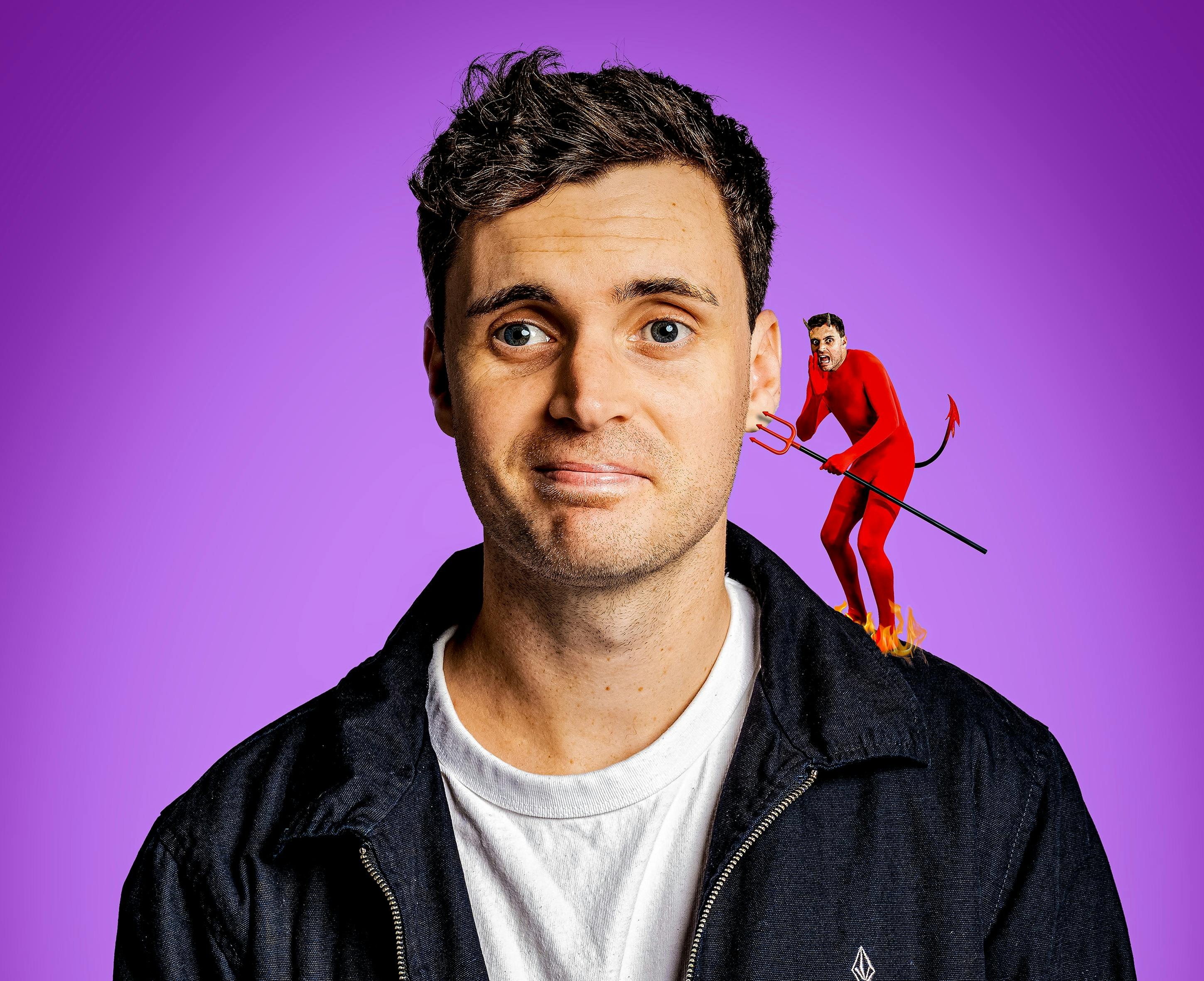Luke Kidgell in front of a purple background with a devil on his shoulder