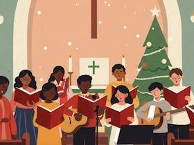 illustration featuring a group of people singing in a church. There is a big cross up high on wall.