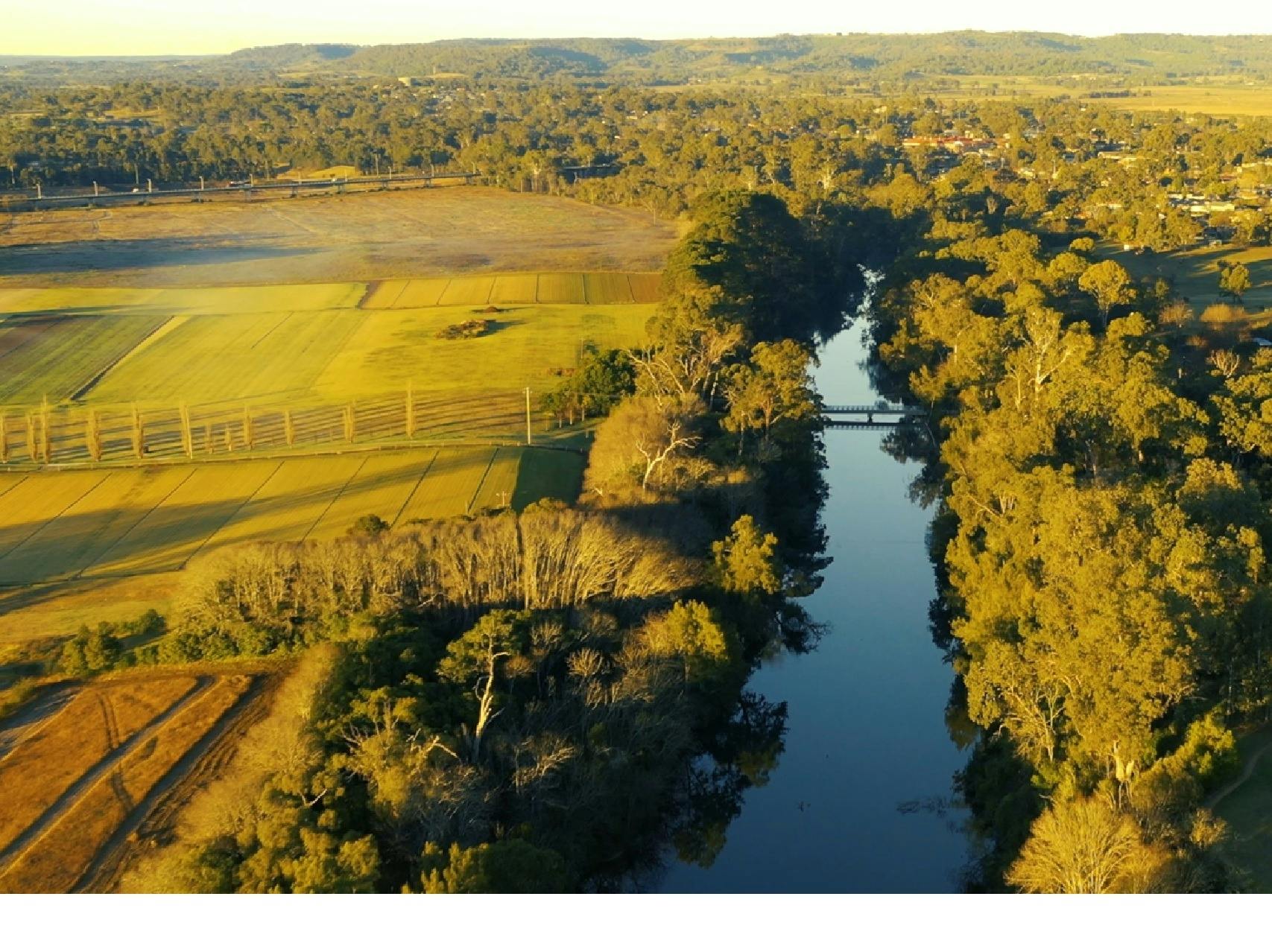 Drone shot of river at end of day light