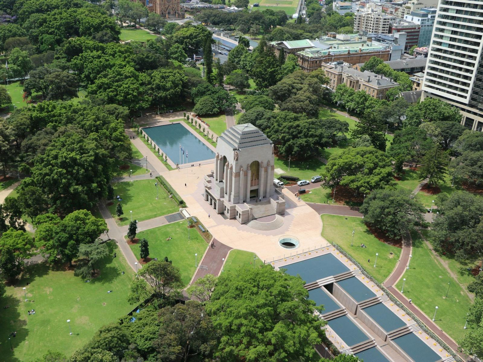 A view of the Pool of Reflection, the Memorial and the Cascade  in Hyde Park South