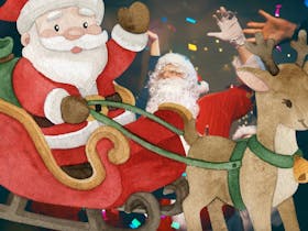 Cartoon drawing of Father Christmas in his red sleigh being towed by a reindeer with a bell on neck.