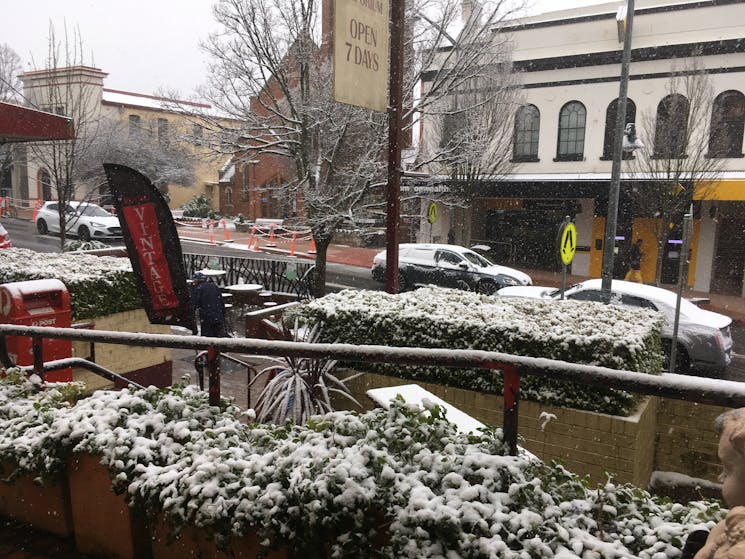 The building, garden and street covered in snow