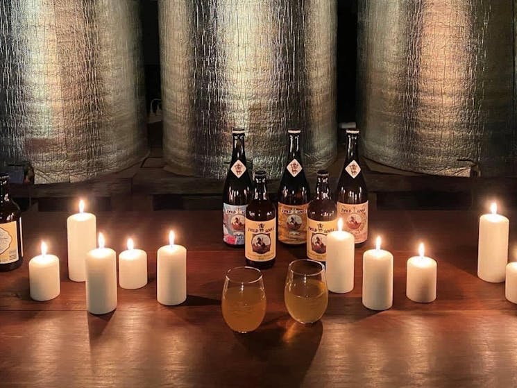 2 Wild Souls Meadery & Distillery with bottles, glasses of Mead and candles