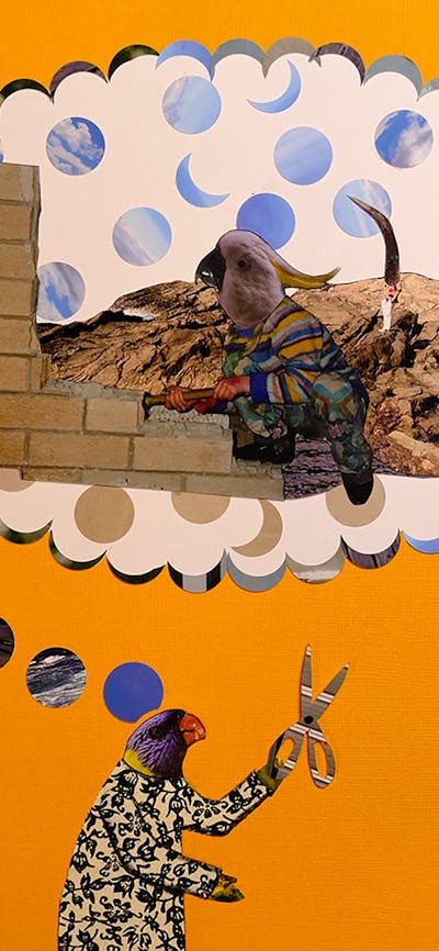 A collage image of a bird dreaming of another bird that is building a house