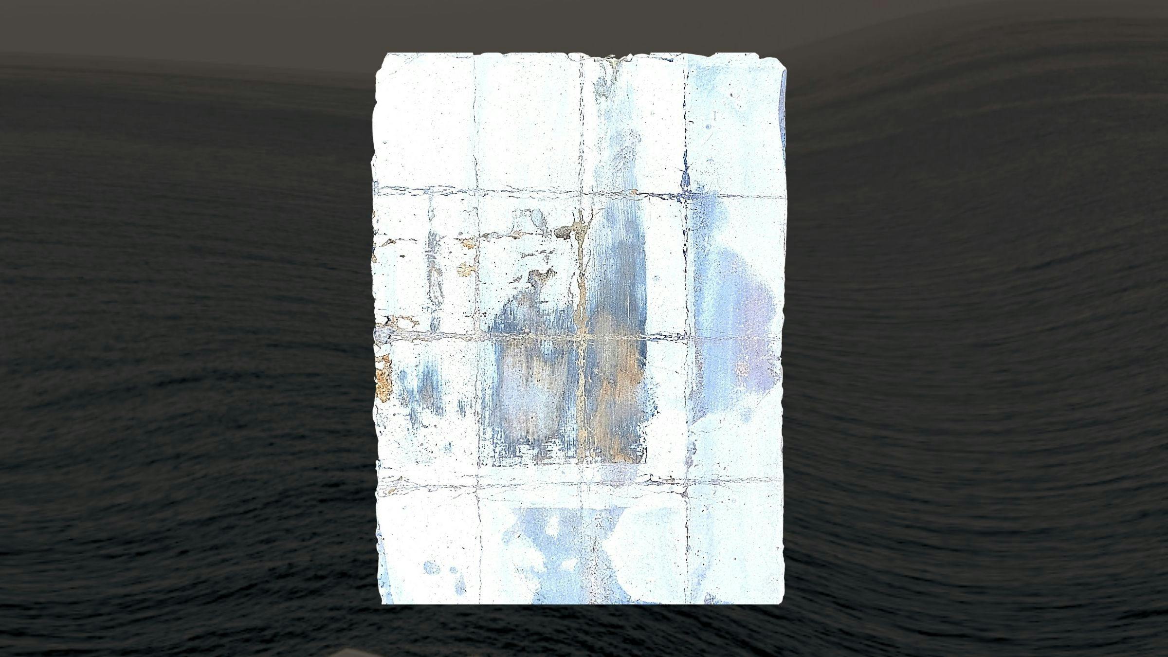 Abstract artwork on paper with grid lines and layered white, blue, grey, and rust textures.