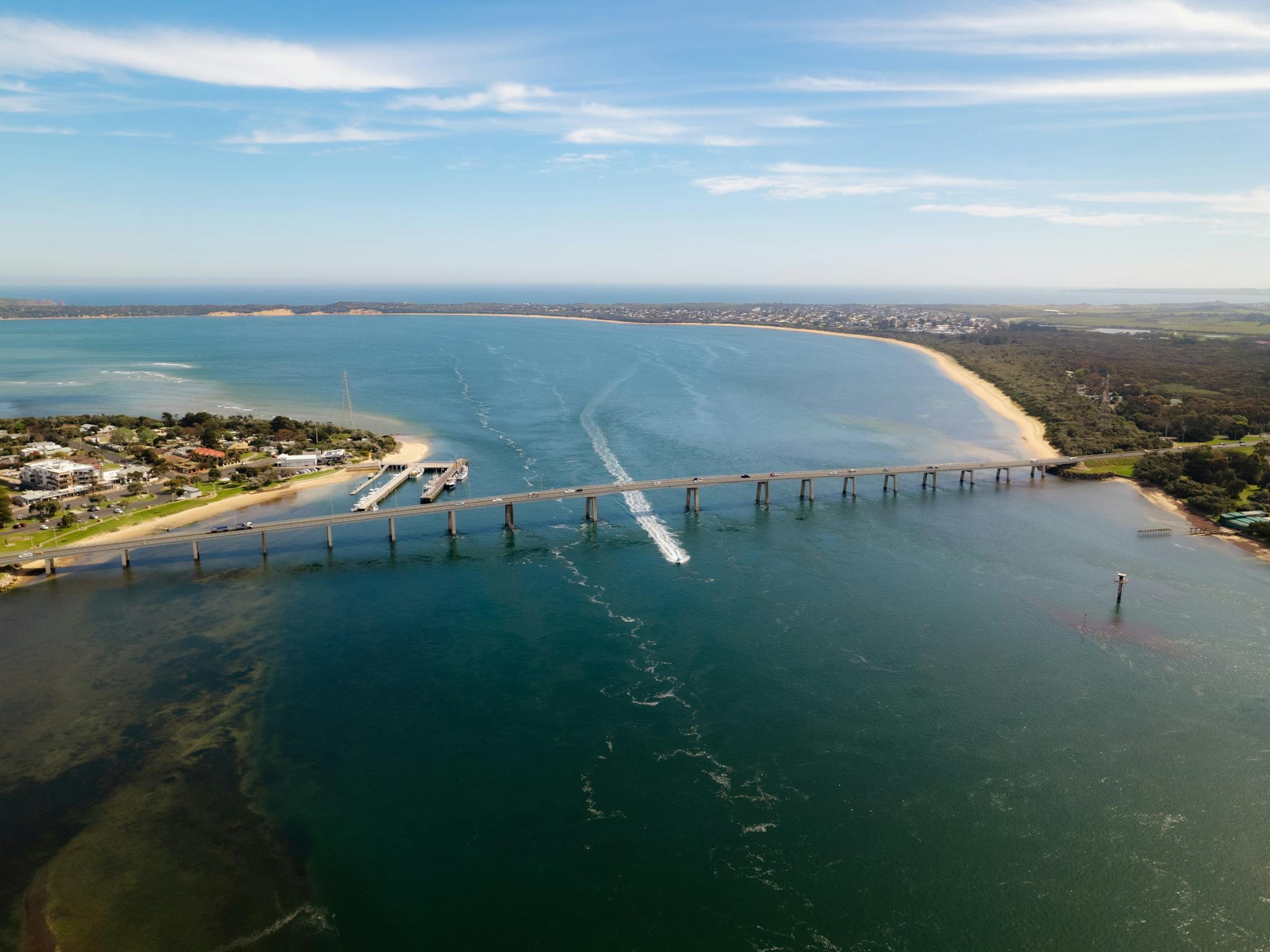 Zoom out under the beautiful Phillip Island Bridge