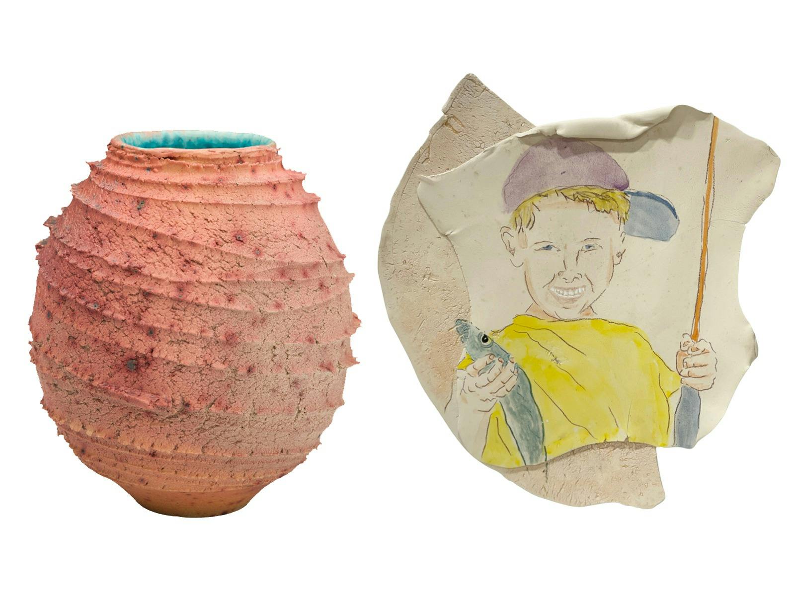 Vase by John Daly, boy fishing wall ceramic wall hanging by Tim Moorhead