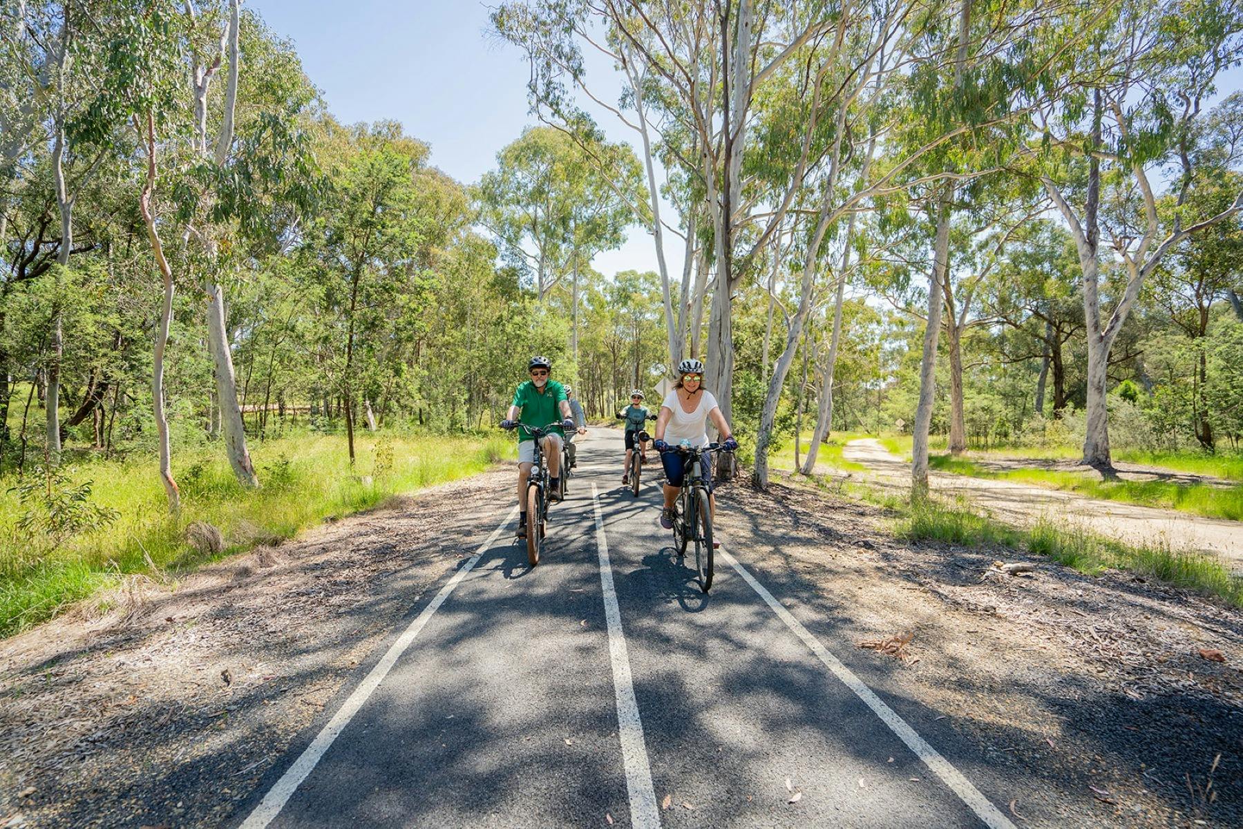Riders amongst the native trees on the Tumbarumba to Rosewood Rail Trail