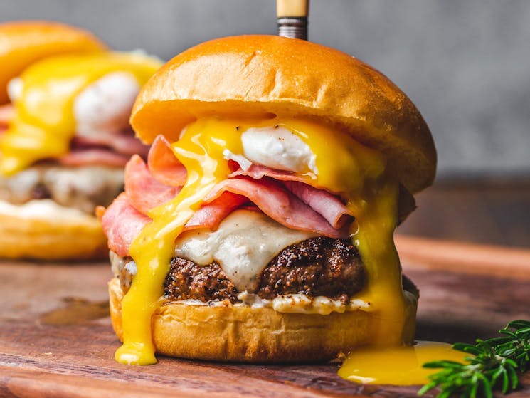 a fresh burger with beef, bacon, egg and cheese