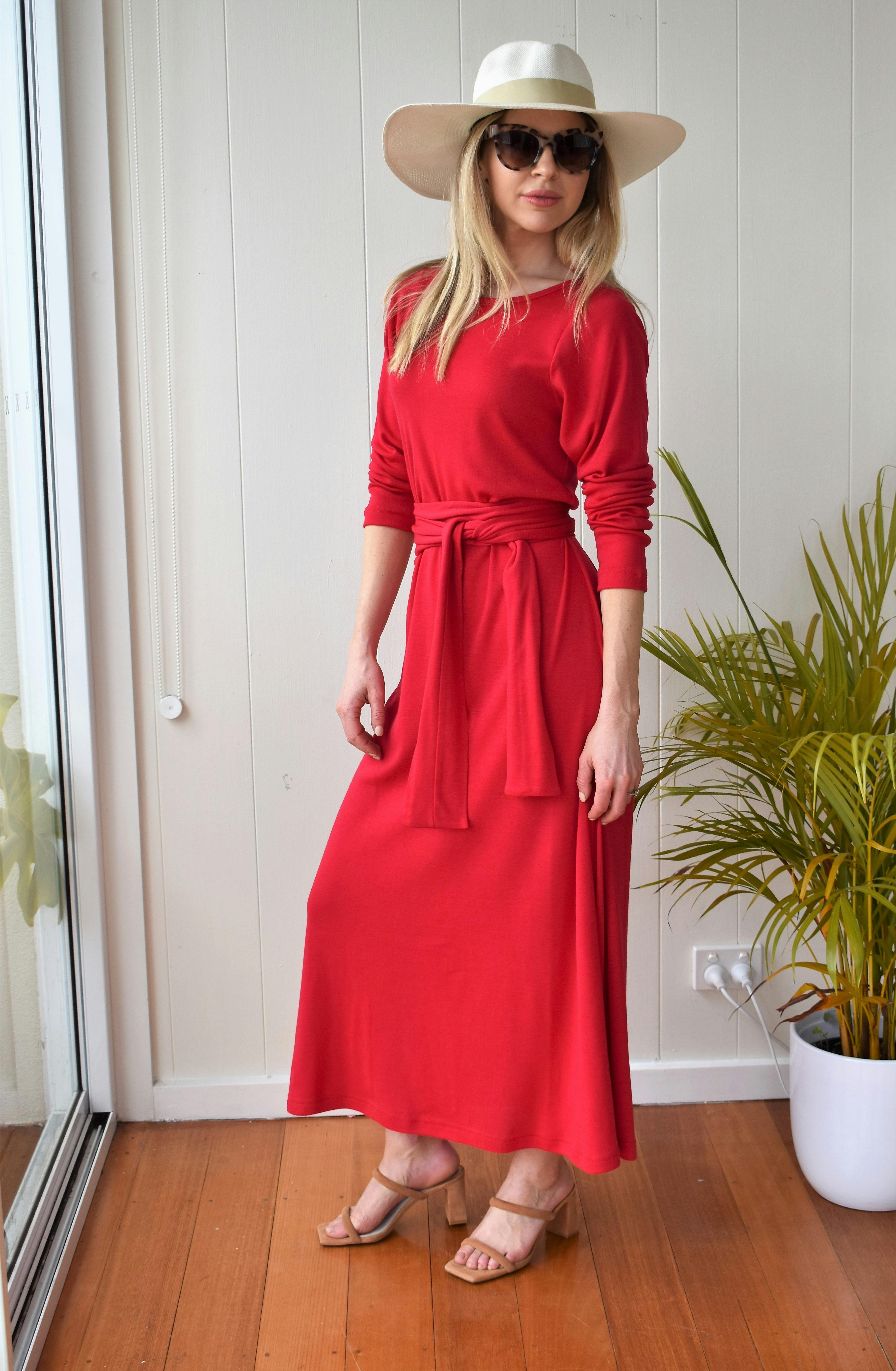 Woman in red wool dress