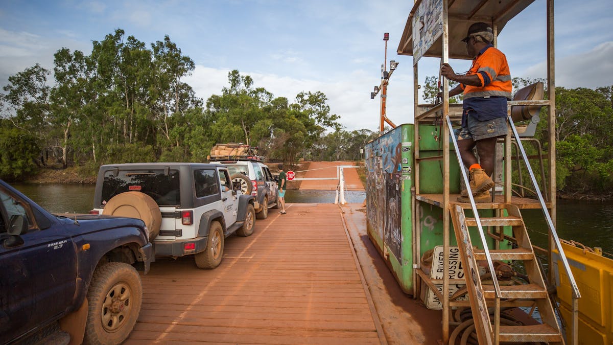 Car convoy lined up on the Jardine River Ferry, crossing the river to the NPA.