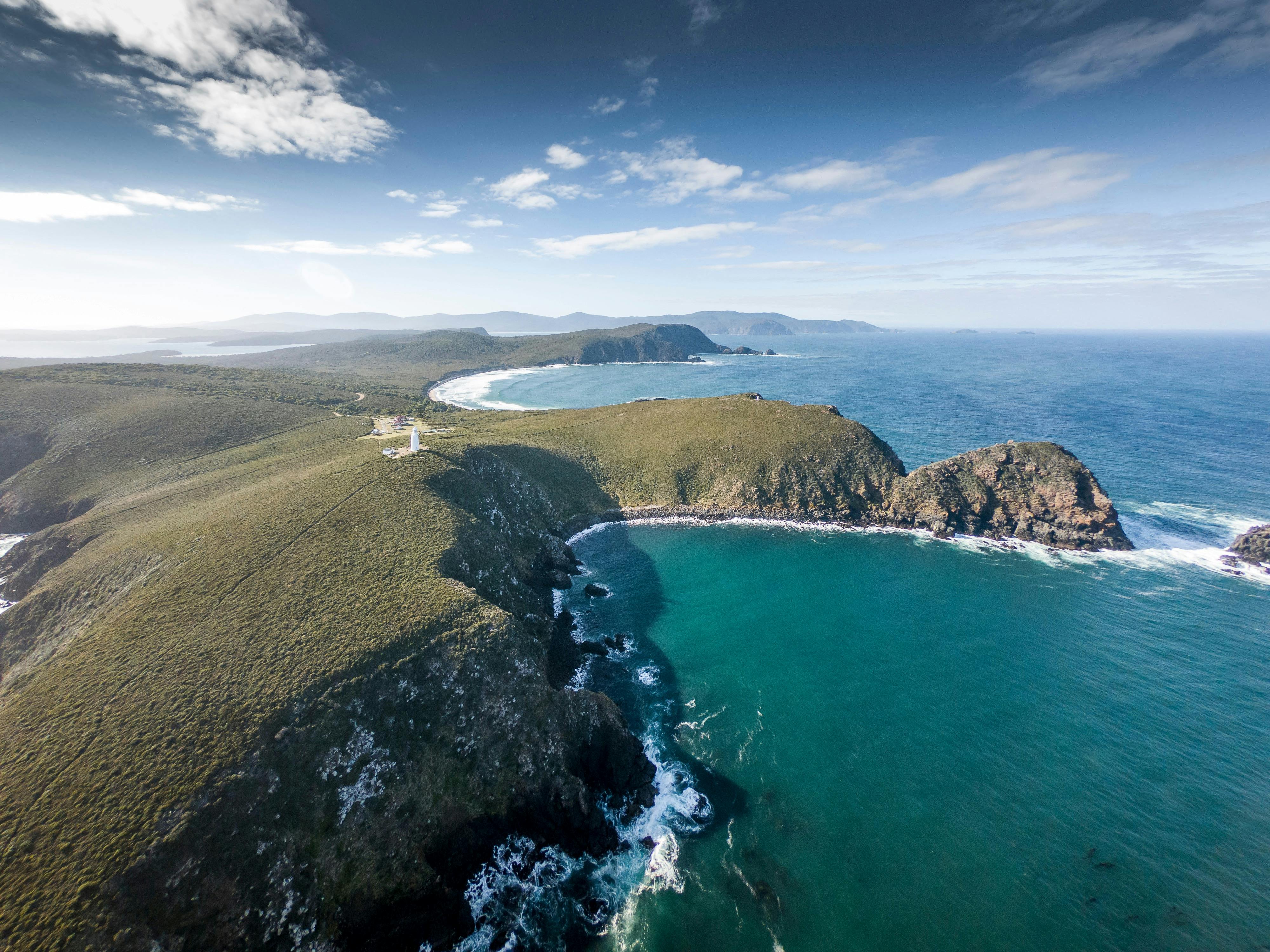 arial shot of Cape Bruny Lighthouse and South Bruny National Park