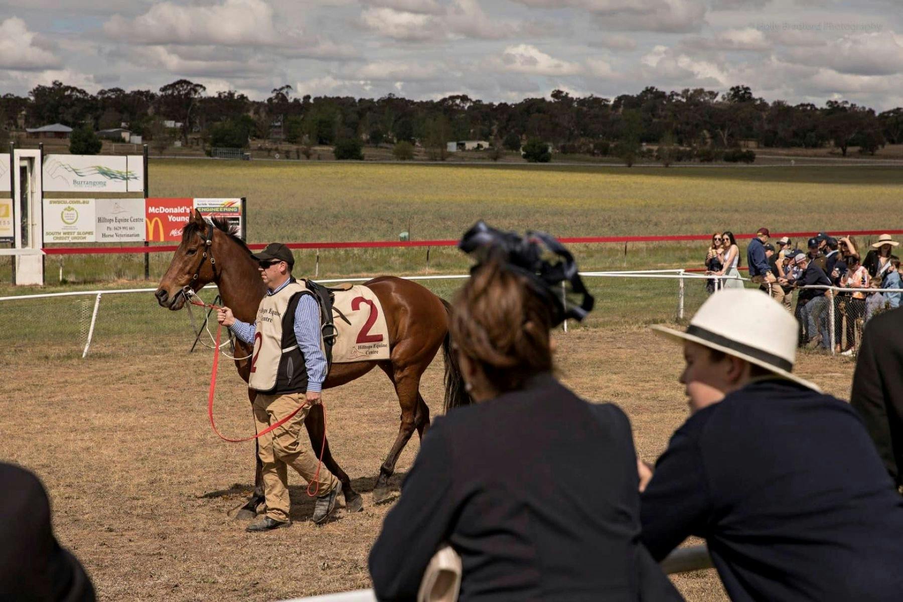 Race attendees watching horse handler and horse marked number 2.