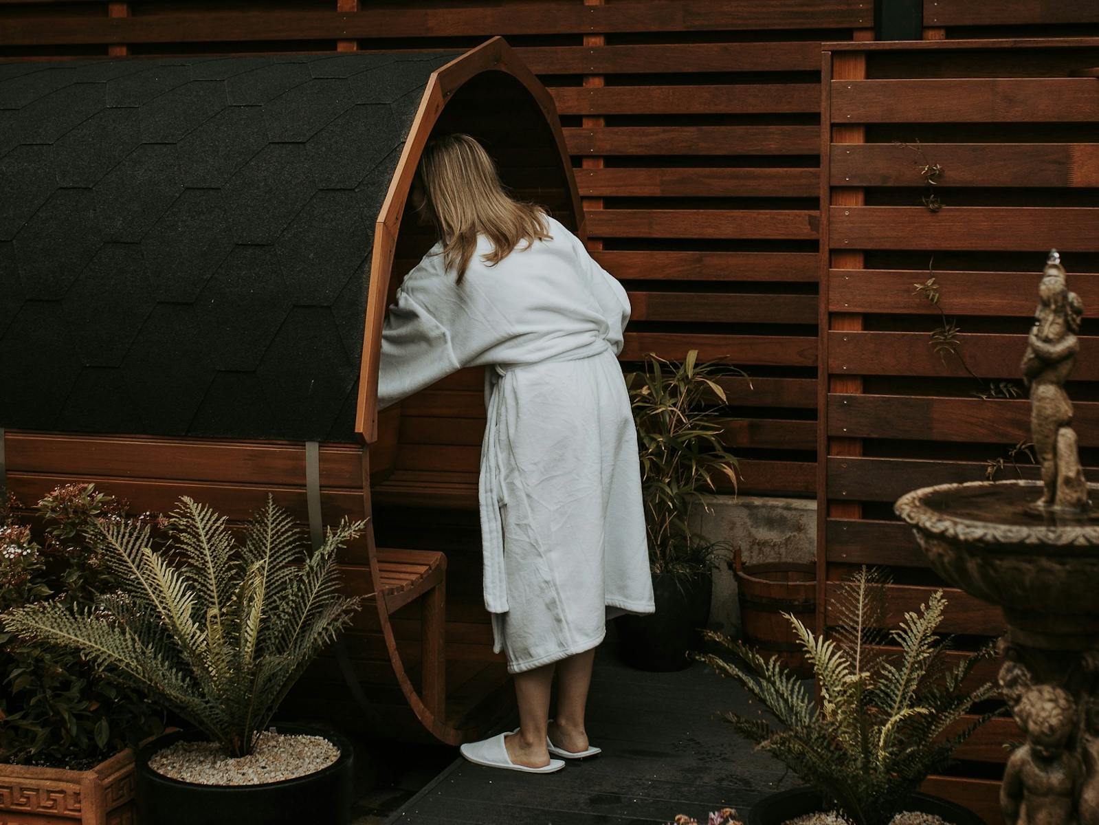 2 person sauna in the private courtyard for Bond Store guests only, cold outdoor shower
