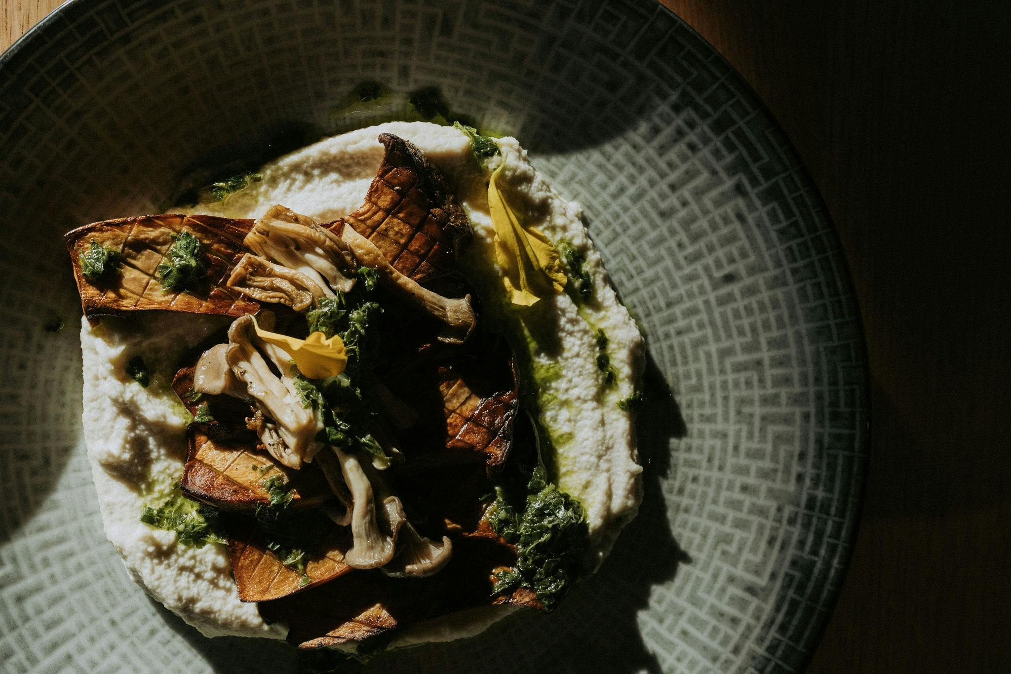 Grilled mushrooms, macadamia purée, gremolata