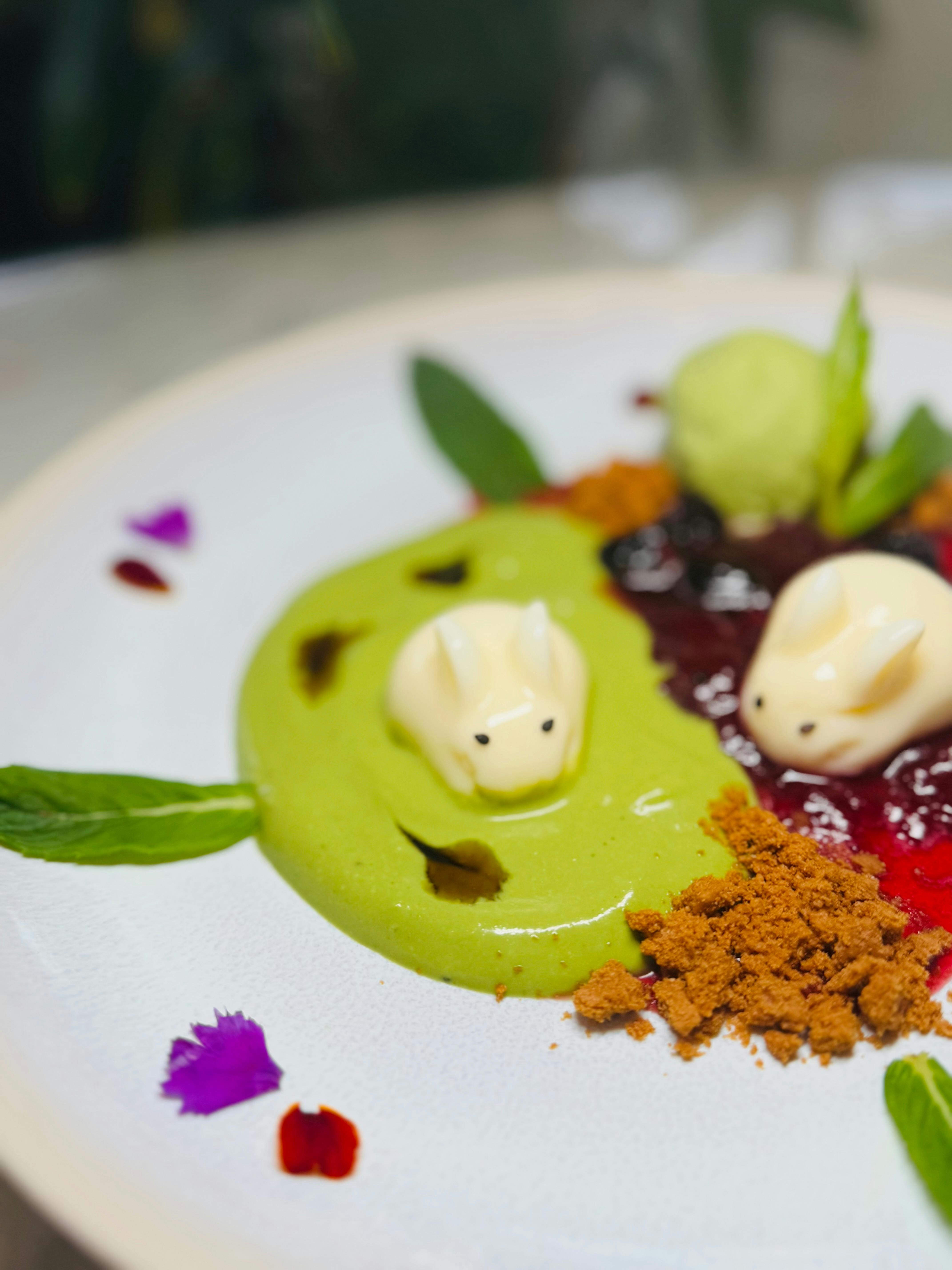 Milk cream jelly with Berry, Green tea and Kuromitsu sauce with  Matcha Ice cream
