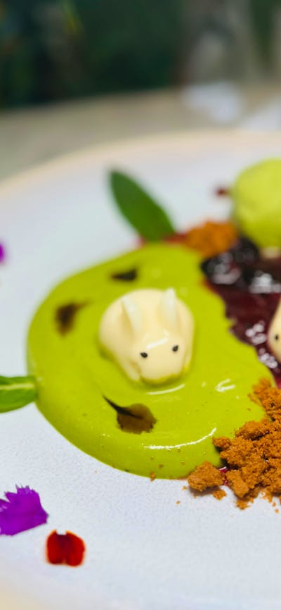 Milk cream jelly with Berry, Green tea and Kuromitsu sauce with Matcha Ice cream