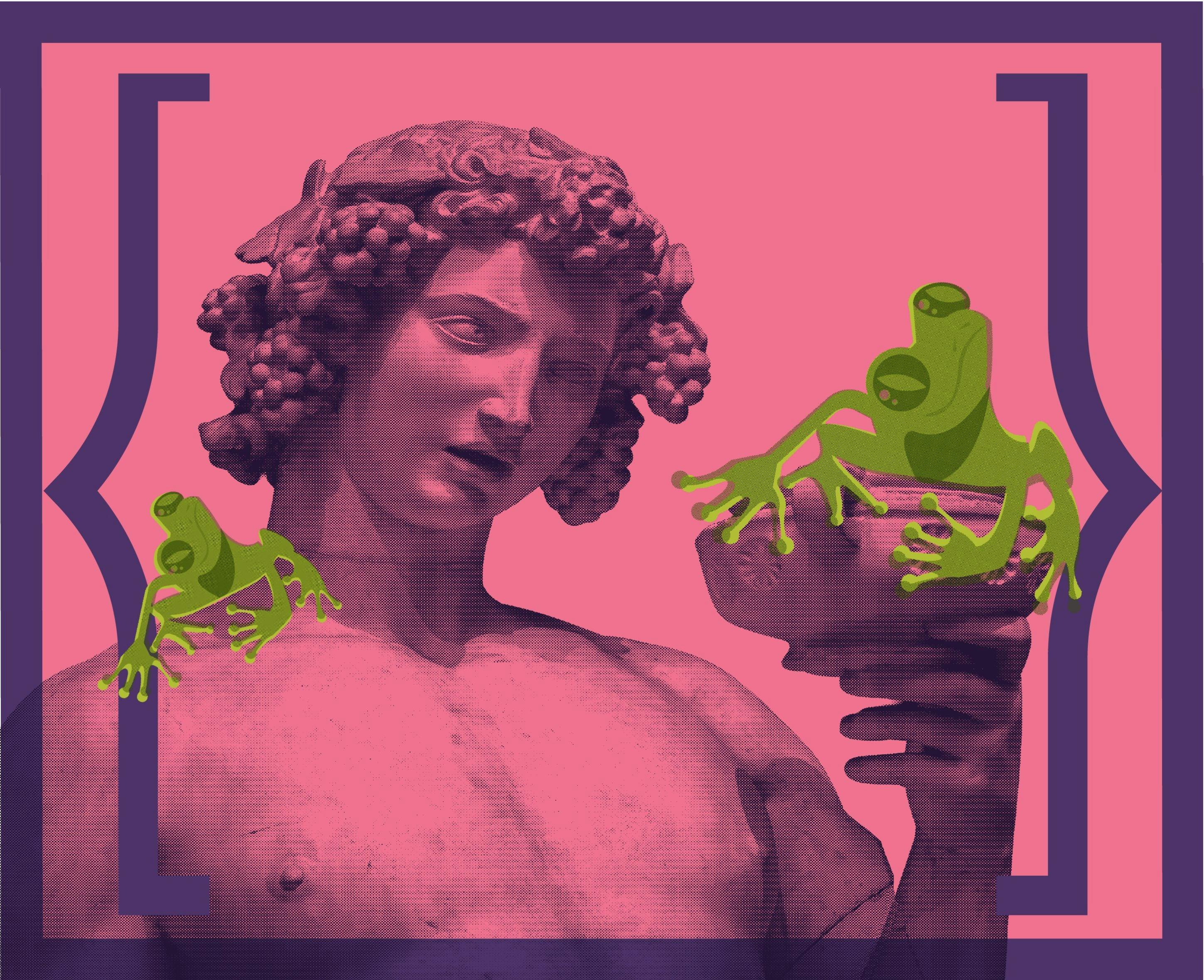 A statue of Dionysus holding frogs