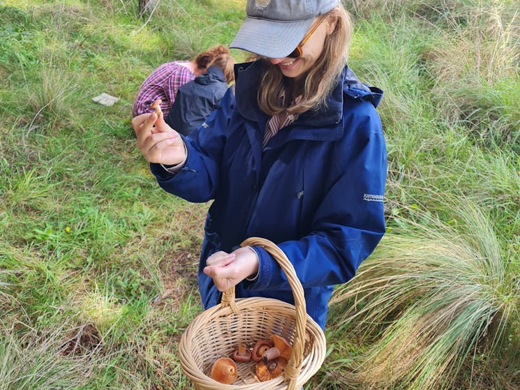 A woman with a mushroom in hand and a basket of mushrooms