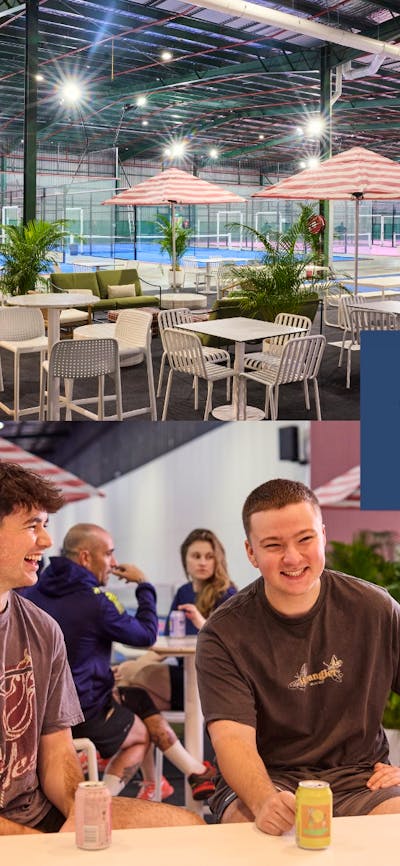 4 tiles with Canberra racquet logo in middle - people playing pickle and padel and at the bar