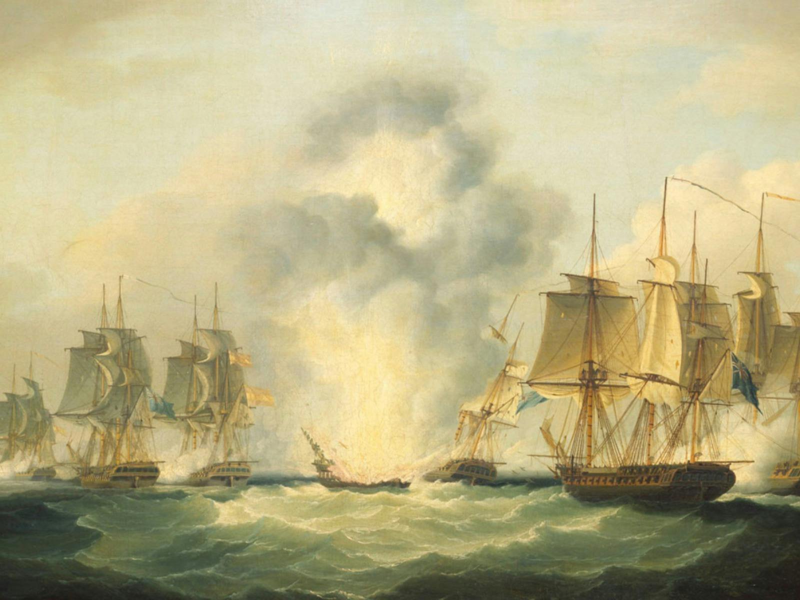 A painting depicting a battle between sailing ships at sea