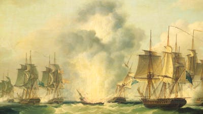 A painting depicting a battle between sailing ships at sea