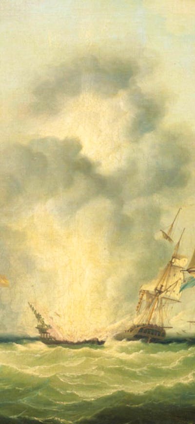 A painting depicting a battle between sailing ships at sea