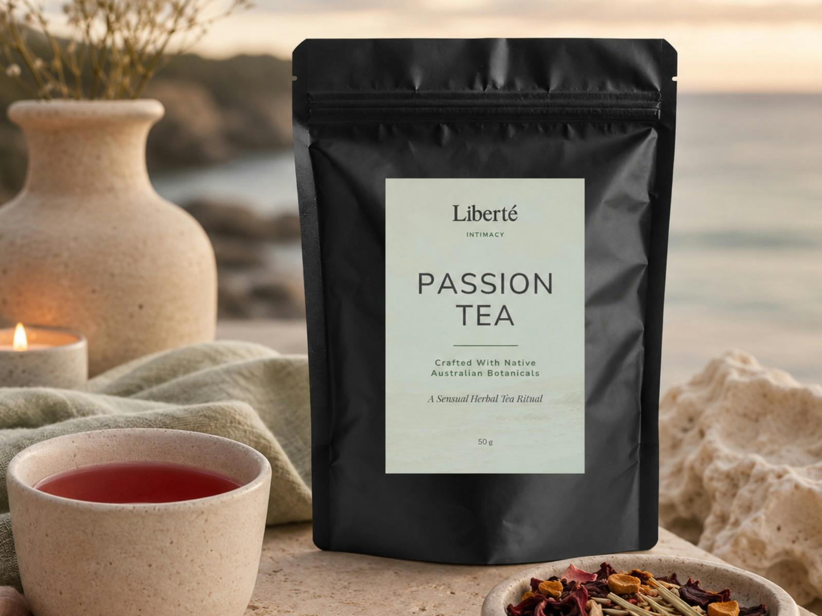 Black pouch of Liberté Passion Tea beside a cup of herbal tea, styled with a soft ocean view in the