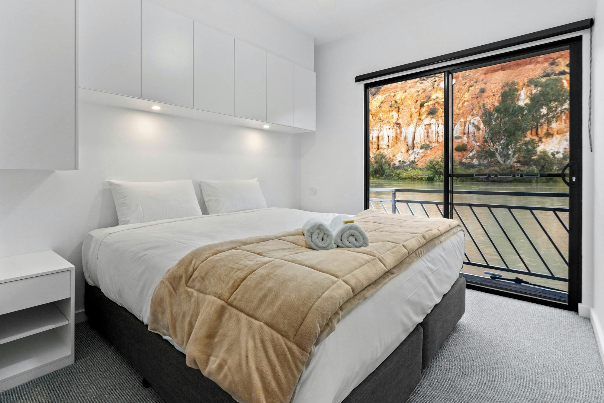 Houseboat on the Murray River with scenic views from the bedroom