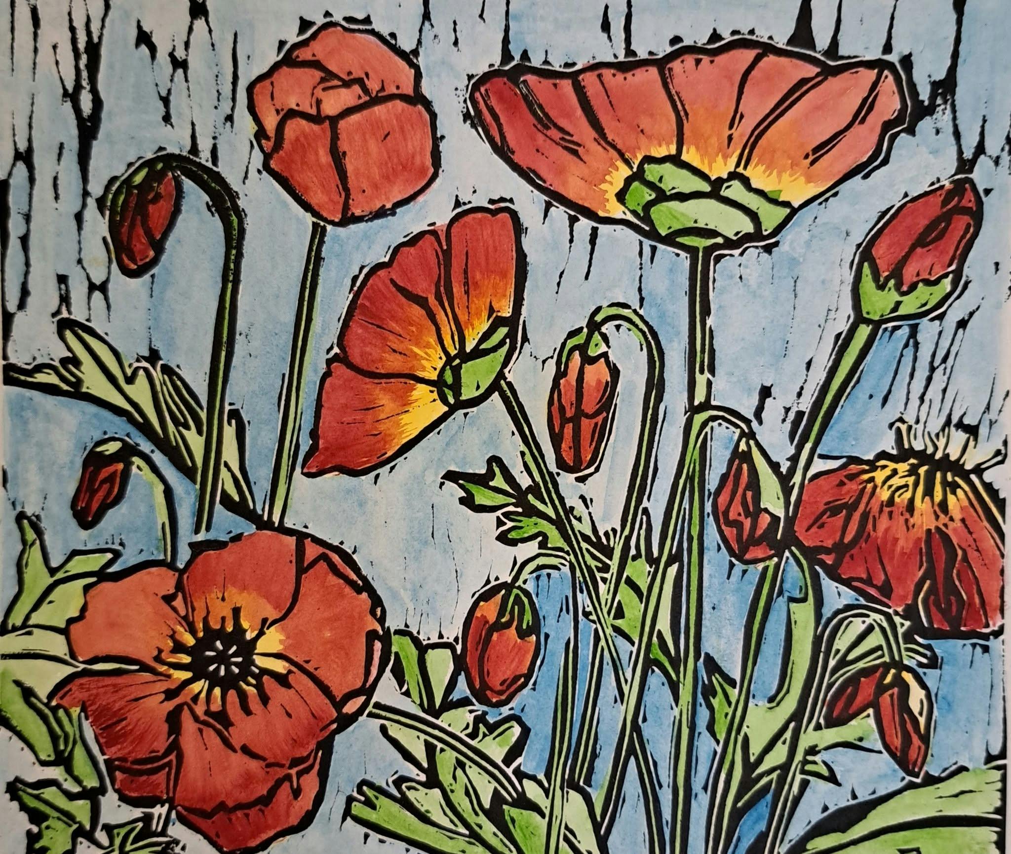 Lino print in black ink with colourful red poppies in a blue  background