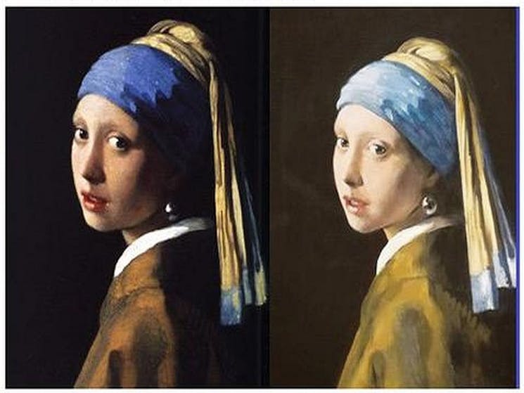 Two versions of the painting "Girl With A Pearl Earring", one is the original, one is a fake.