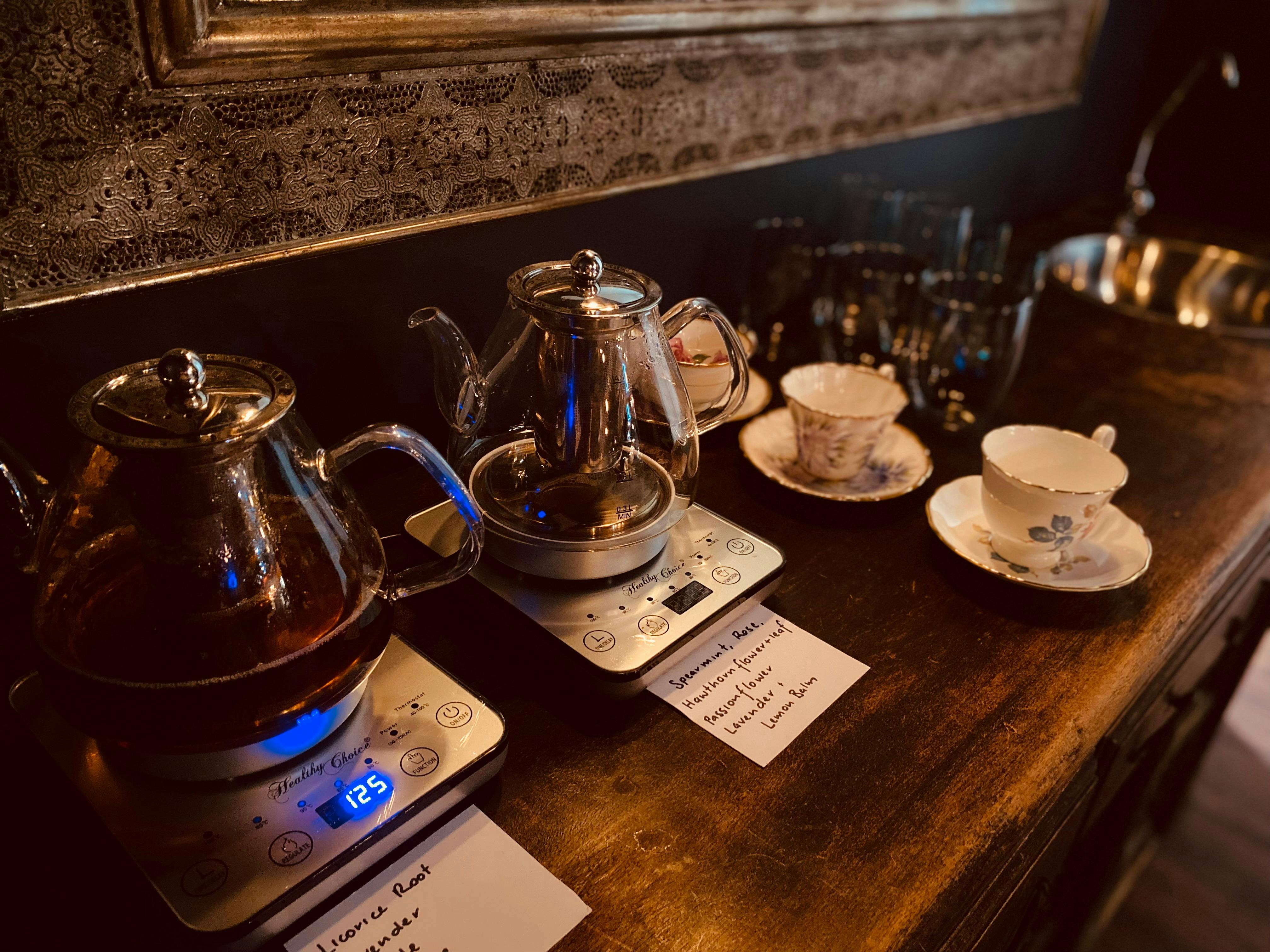 Experience our blend of herbal teas in beautiful china cups