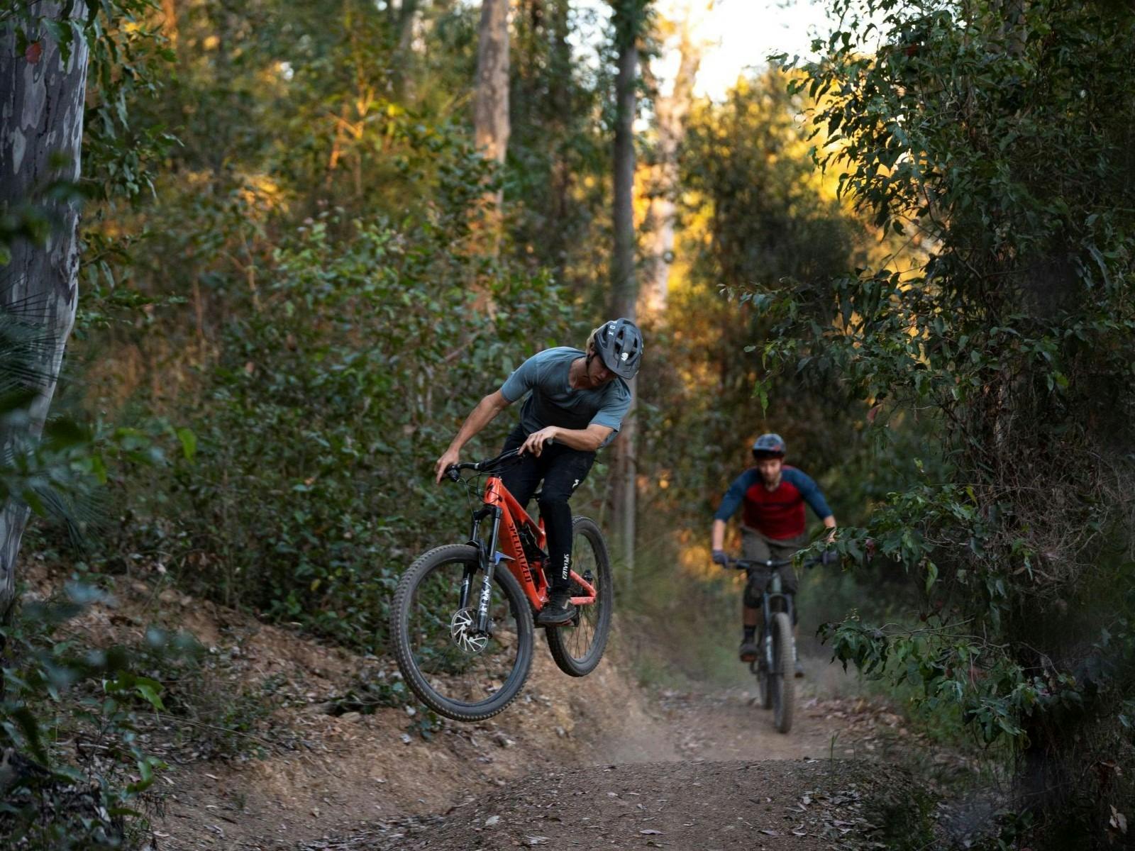 2 mountain bikes riding at Mogo Trails in natural bush surroundings