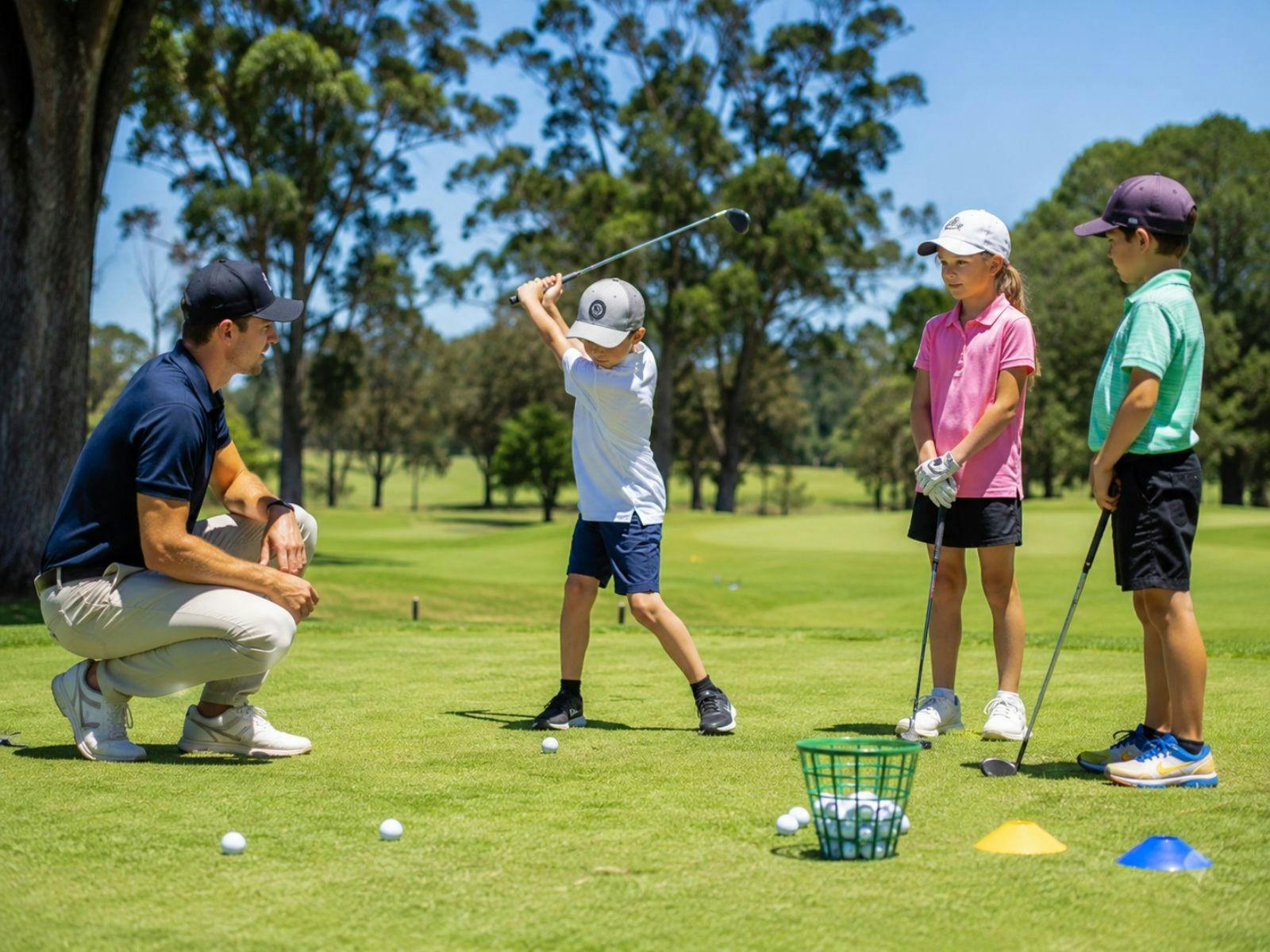 Young golfers practising golf skills with a coach during a junior clinic on a green golf course.