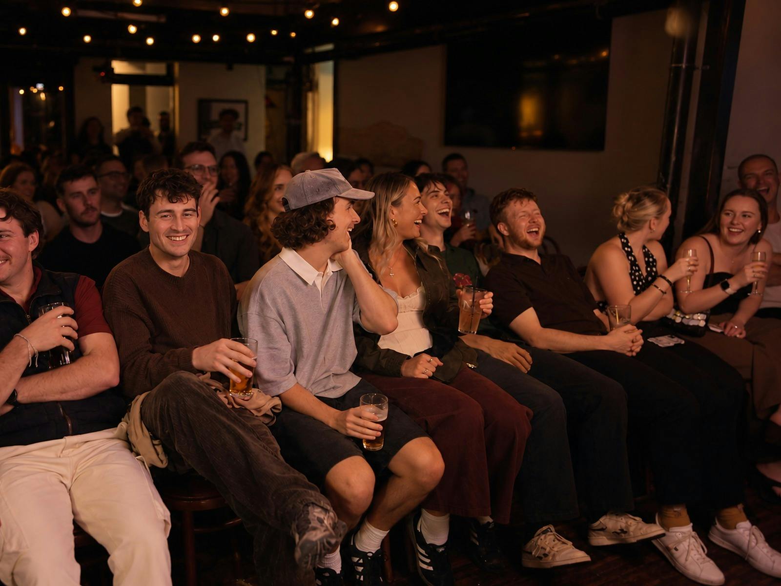 Rows of audience members laughing during a stand-up comedy night in a pub function room