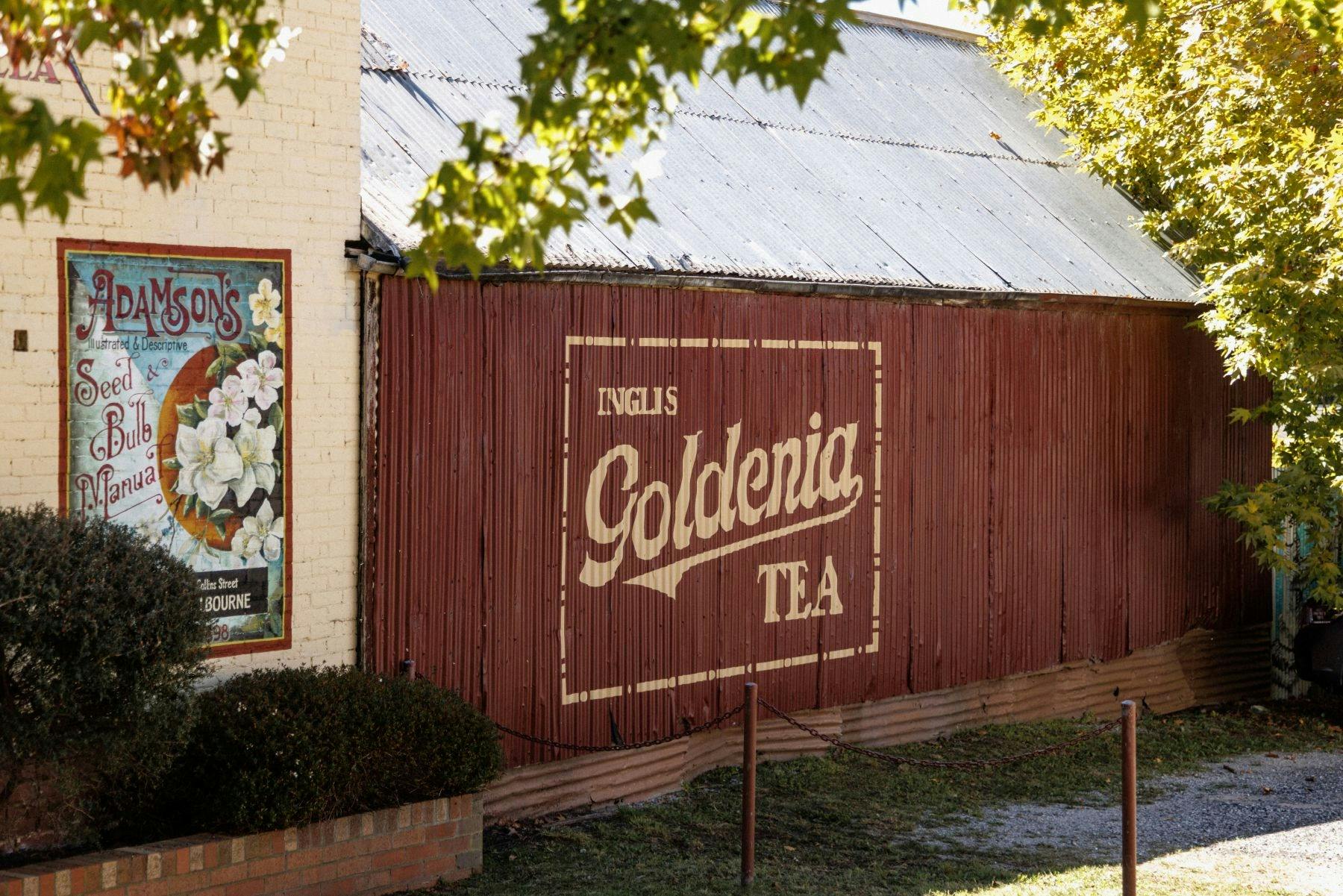 A old fashioned sign on a wall advertising Goldenia Tea.